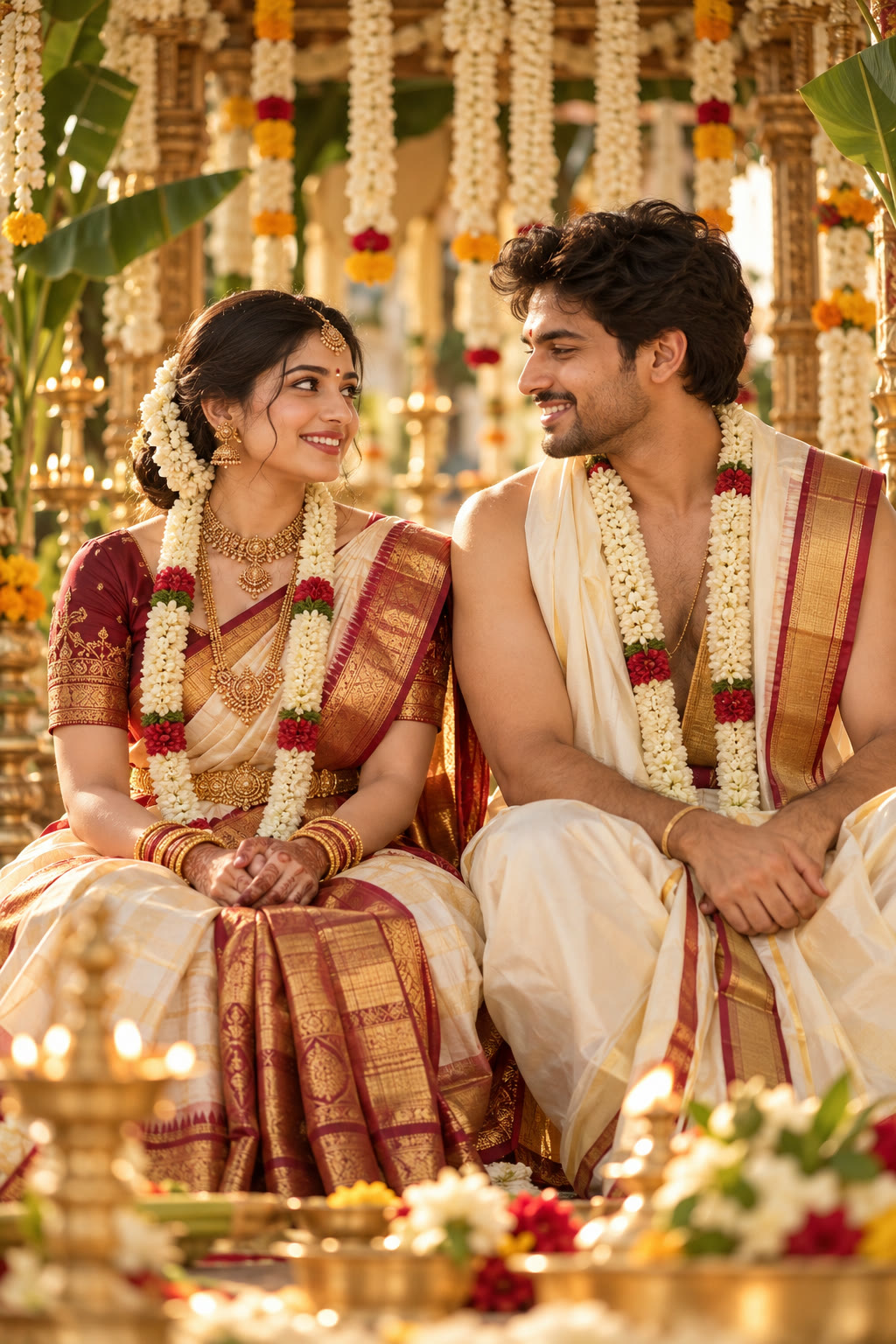A Telugu Brahmin bride and groom in a flower-decorated mandapam